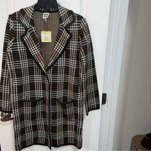 NWT Anne Klein Plaid Fall Cardigan Sweater Plaid Brown Black Cream Medium  $149